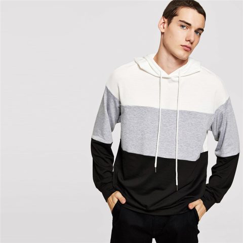 Men Colorblock Drawstring Pullover Sweatshirt