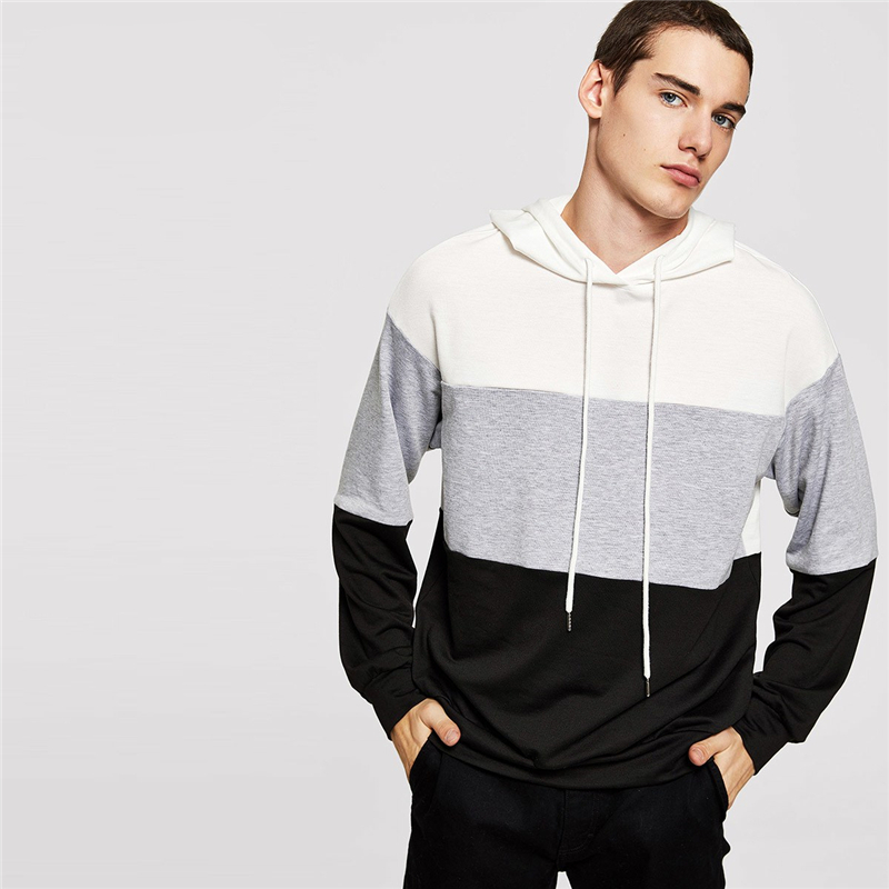 Men Colorblock Drawstring Pullover Sweatshirt