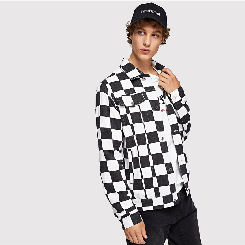 Men Black And White Checked Jacket - Image 2