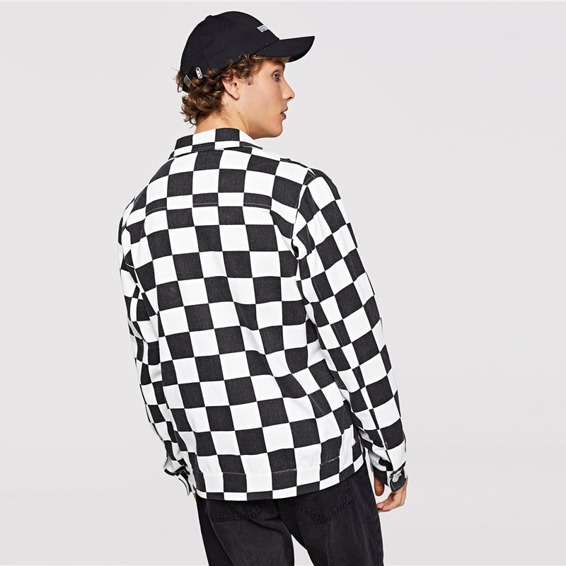 Men Black And White Checked Jacket - Image 3