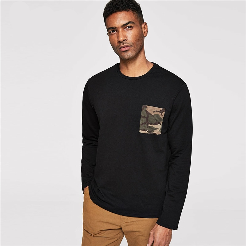 Men Black Camouflage Round Neck Long Sleeve Pullover
