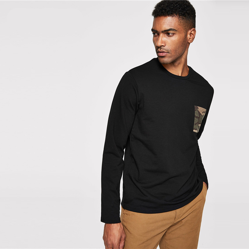 Men Black Camouflage Round Neck Long Sleeve Pullover - Image 2